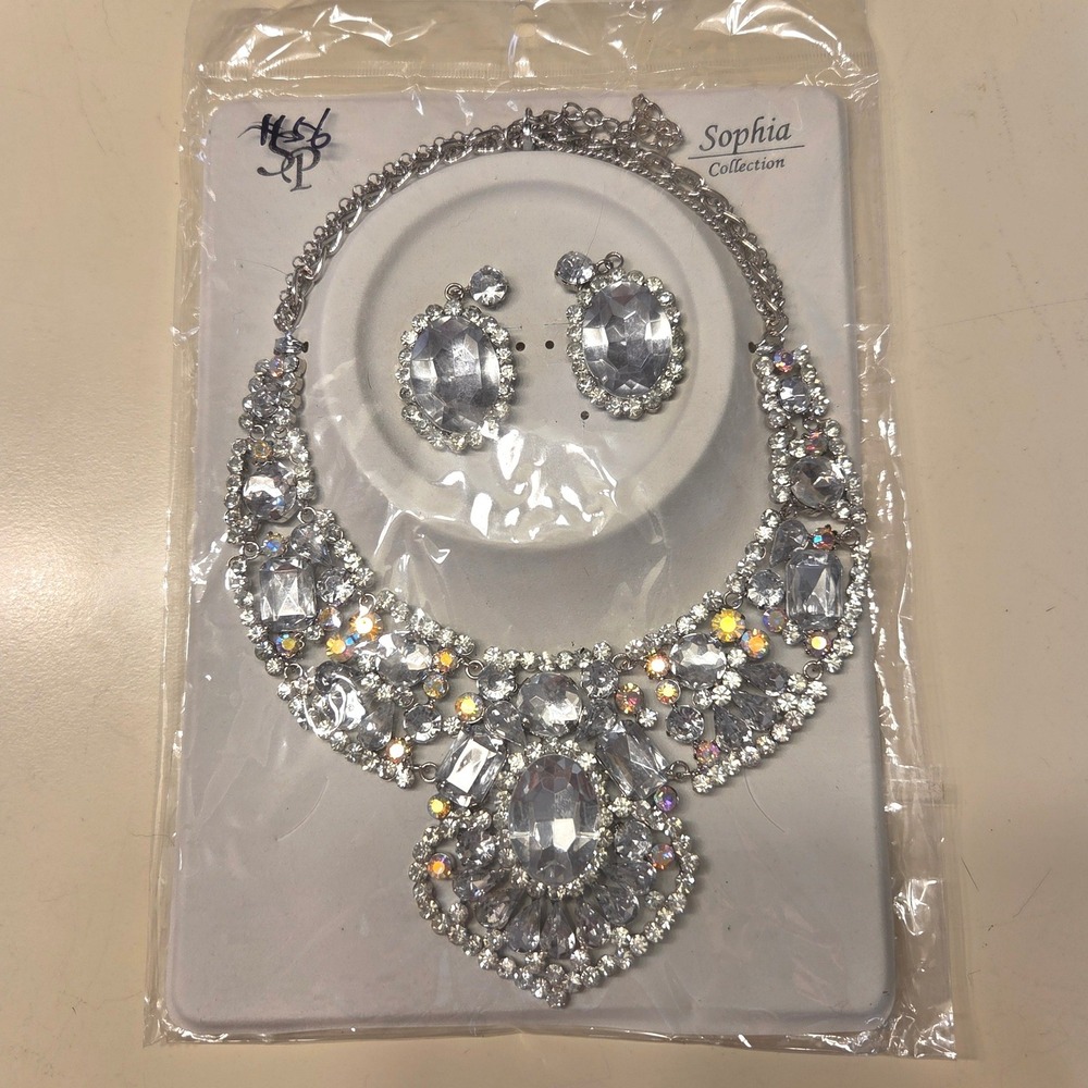 Sophia Collection Rhinestone Statement Necklace & Earrings Set Silver Tone